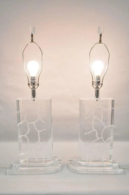 Vintage Mid Century Modern Etched Lucite Sculptural Table Lamps by Van Teal Pair