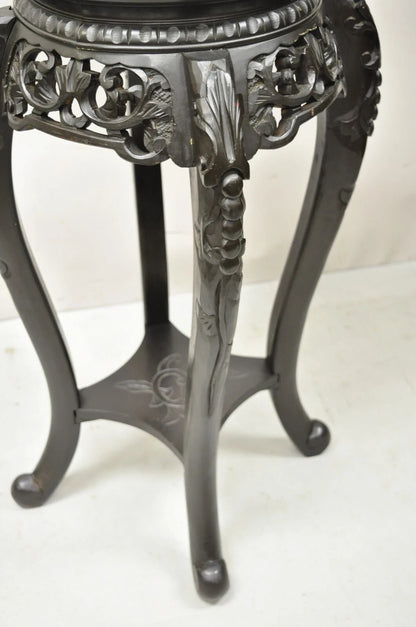 Japanese Carved Wood Black Ebonized 29" Lacquer Top Plant Stand Side Table