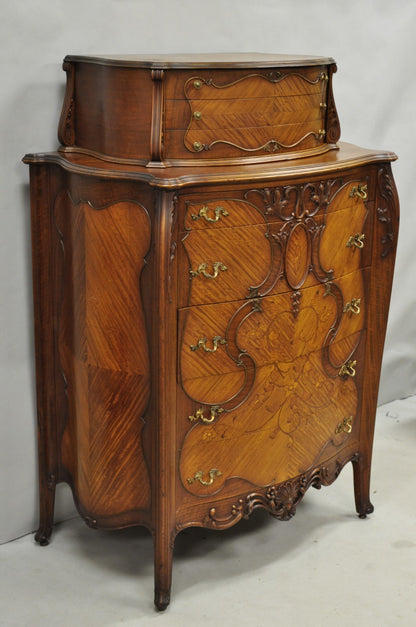 Antique French Louis XV Carved Walnut Satinwood Inlay Highboy Tall Chest Dresser