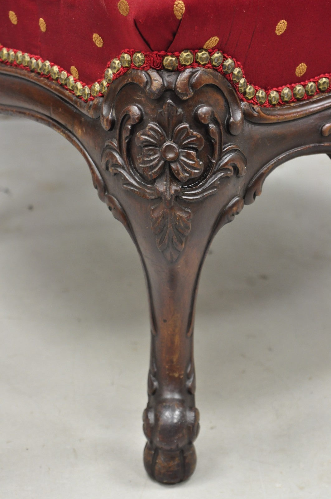 Antique English Georgian Style Carved Mahogany Red Library Lounge Arm Chair