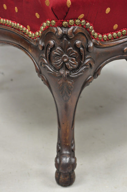 Antique English Georgian Style Carved Mahogany Red Library Lounge Arm Chair