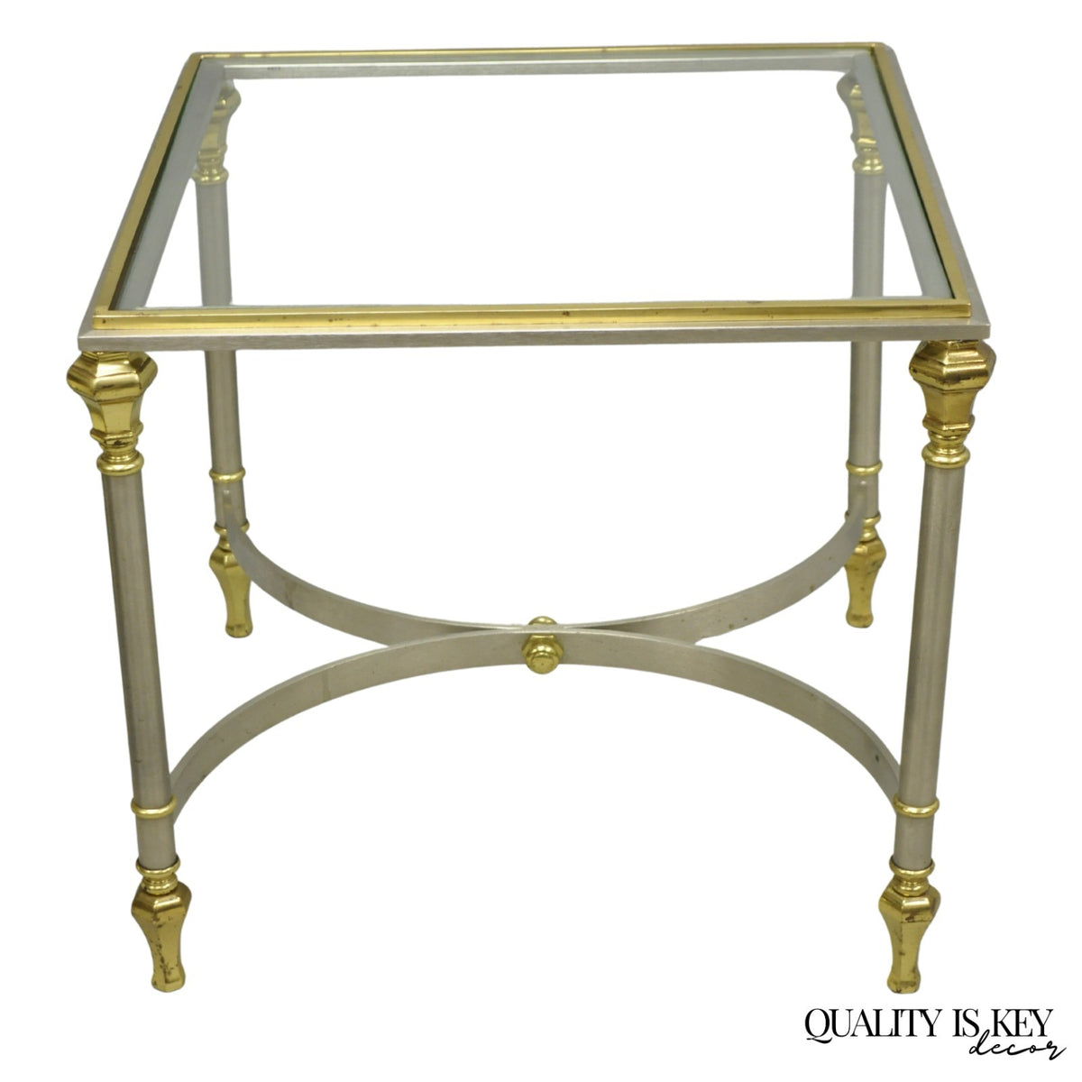 Vintage French Directoire Maison Jansen Style Steel Brass Low Square Side Table