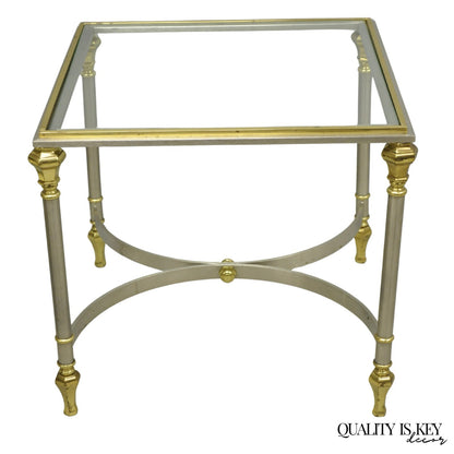 Vintage French Directoire Maison Jansen Style Steel Brass Low Square Side Table