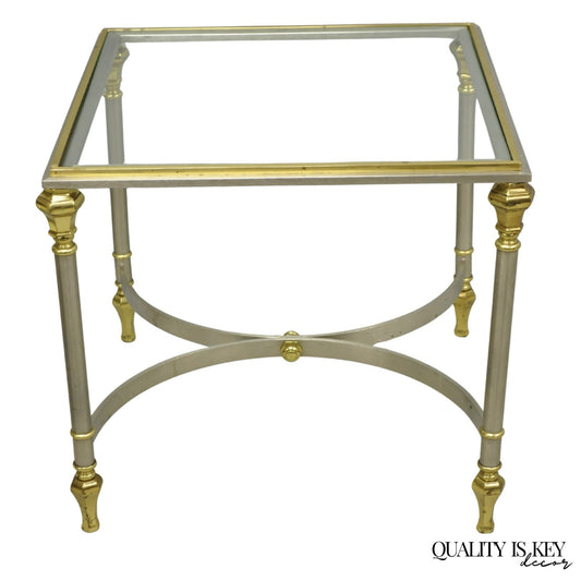 Vintage French Directoire Maison Jansen Style Steel Brass Low Square Side Table