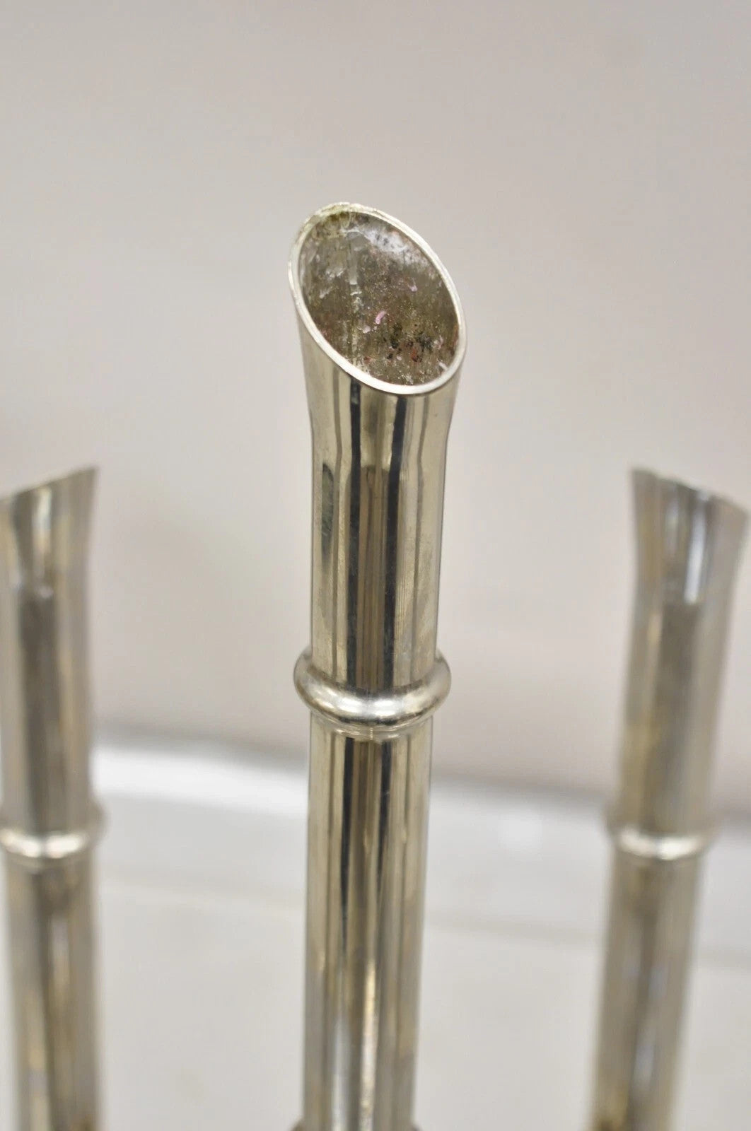 Vintage Hollywood Regency Silver Plated Chrome Faux Bamboo Candlesticks - a Pair