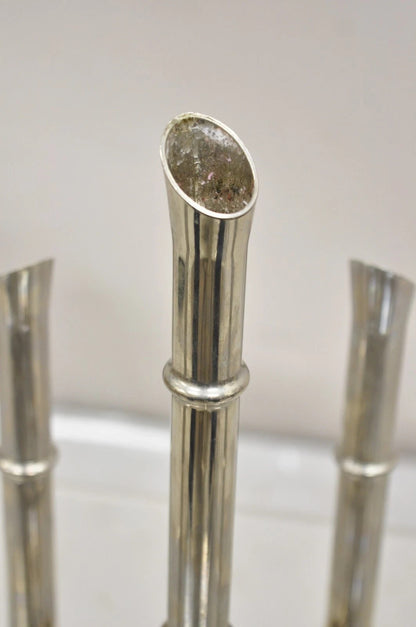 Vintage Hollywood Regency Silver Plated Chrome Faux Bamboo Candlesticks - a Pair