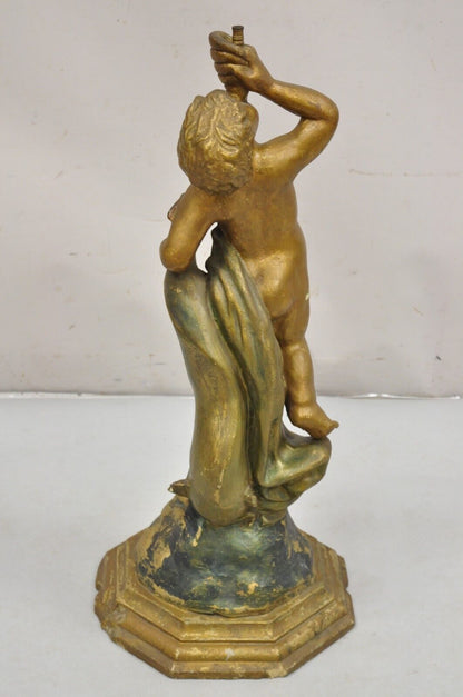 Antique Terracotta Italian Classical Boy Putti & Dolphin Statue Garden Fountain