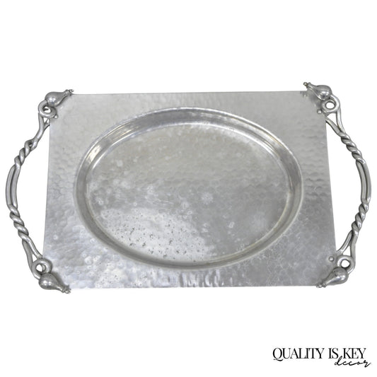 Vintage Buenilum Art Nouveau Hand Hammered Aluminum Serving Tray w Tulip Handles
