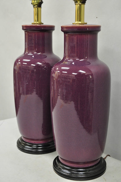 Vintage Chinoiserie Plum Purple Ceramic Porcelain Jardiniere Table Lamps - Pair
