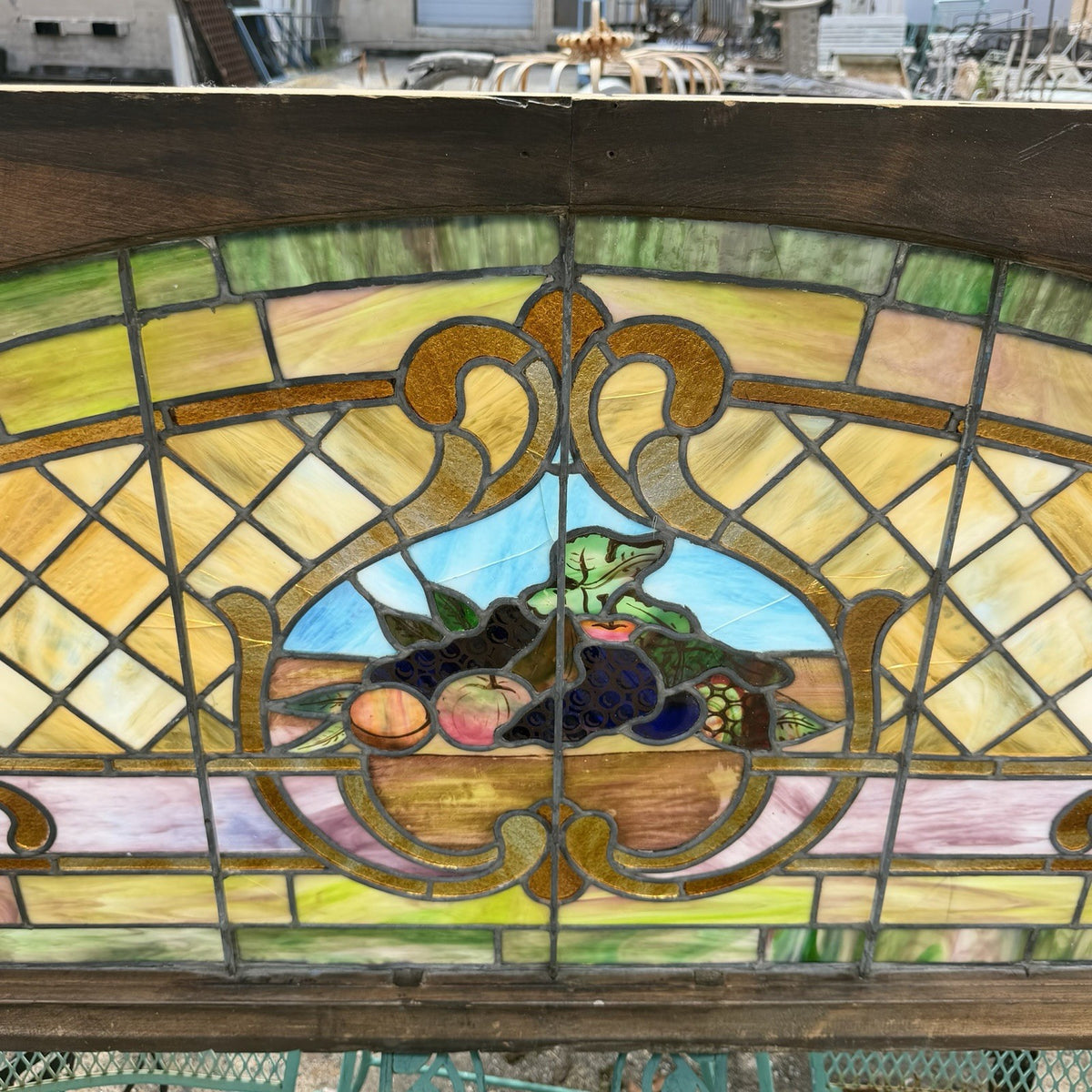 Antique Art Nouveau Colored Stained Glass Fruit 27 x 75 Arched Transom Window, B