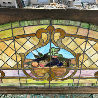 Antique Art Nouveau Colored Stained Glass Fruit 27 x 75 Arched Transom Window, B