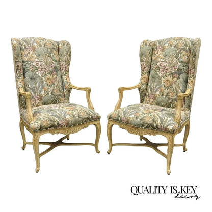 French Country Provincial Louis XV Style Upholstered Wingback Lounge Chairs Pair
