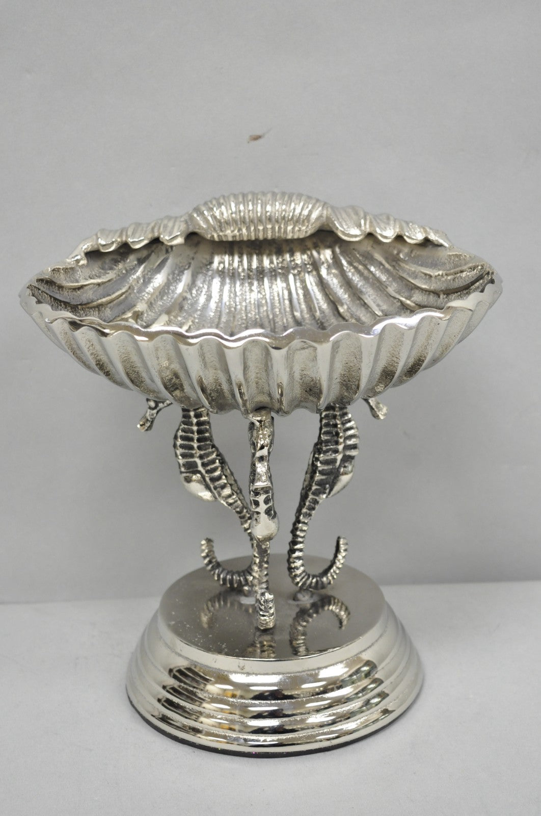 Decorative Nautical Silver Plated Seahorse Clamshell Pedestal Compote Candy Dish