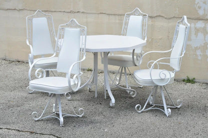 Vintage Hollywood Regency White Iron Scrolling Swivel Kitchen Dining Set - 5 pc