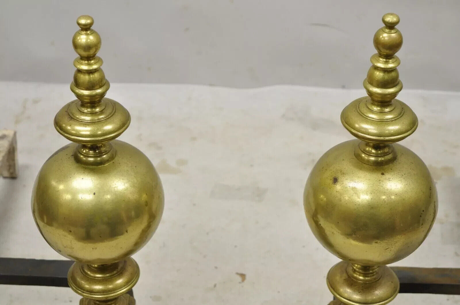 Vintage Beethoven Face French Rococo Brass Cannonball Fireplace Andirons - Pair