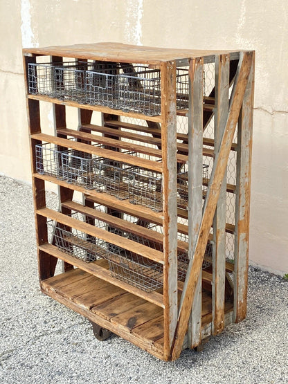 Antique Industrial Distress Gray Wooden Rolling Shelf Storage Cart Store Display