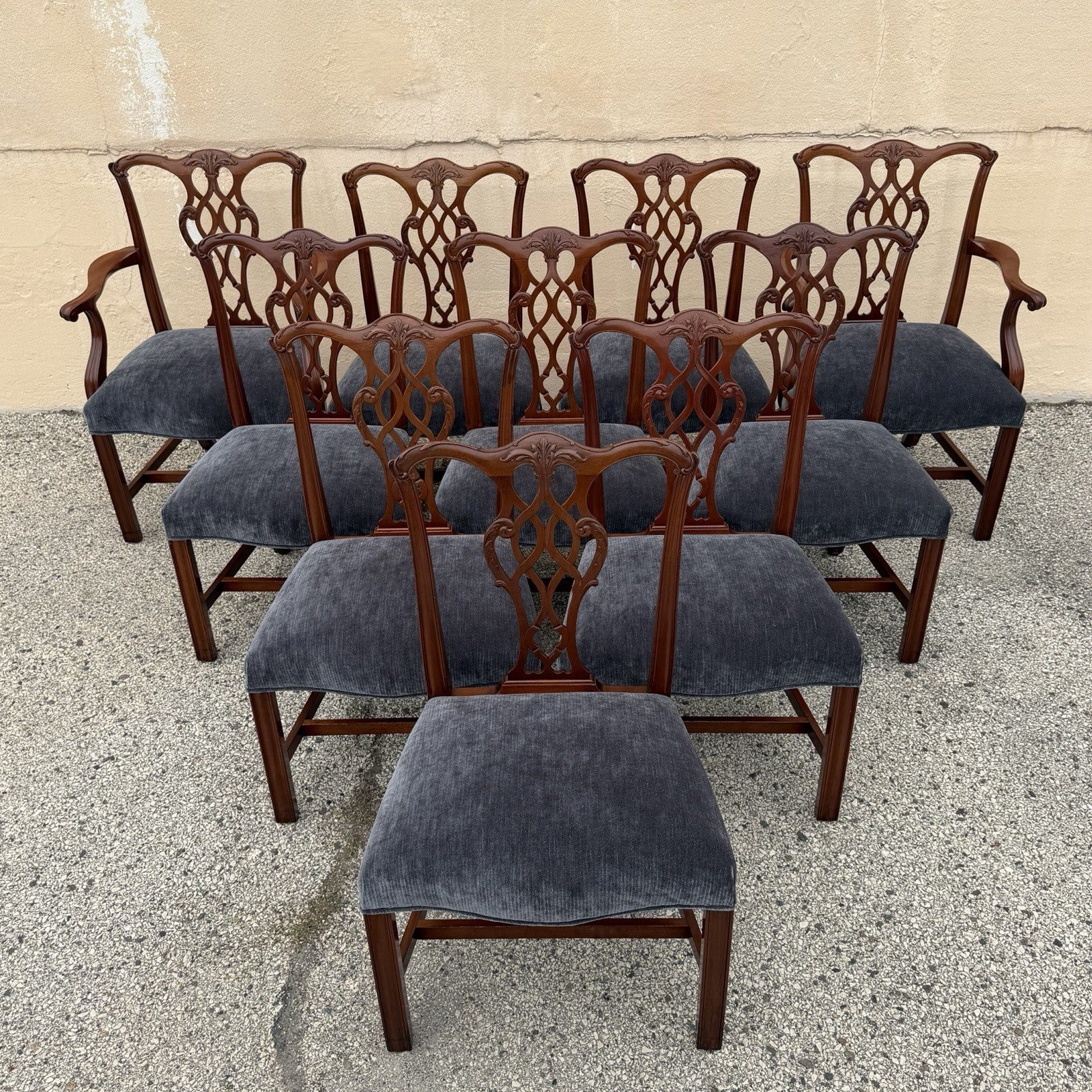 Antique Chippendale Style Mahogany Carved Fretwork Dining Chairs - Set of 10