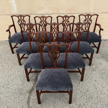 Antique Chippendale Style Mahogany Carved Fretwork Dining Chairs - Set of 10