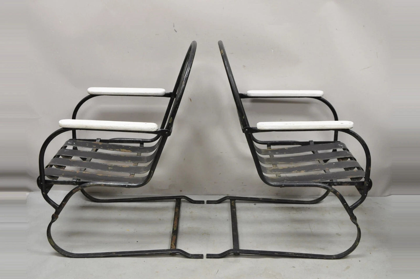 Vintage Art Deco Black and White Steel Metal Strap Patio Bouncer Chairs - a Pair
