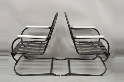 Vintage Art Deco Black and White Steel Metal Strap Patio Bouncer Chairs - a Pair
