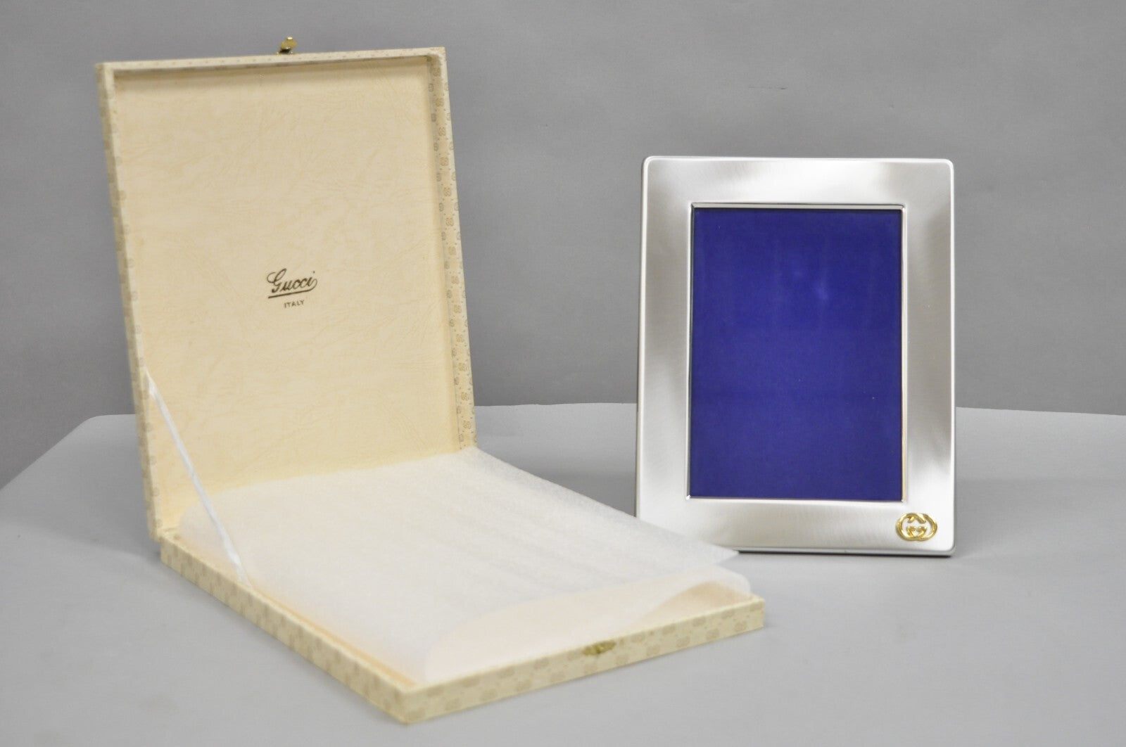 Vintage Gucci Italy Brushed Silver Gold Double G Monogram Photo Picture Frame