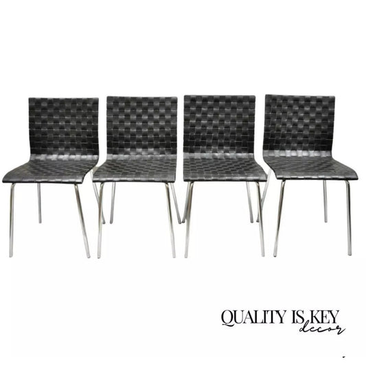 Contemporary Modern Black Woven Leather Chrome Frame Dining Chairs - Set of 4