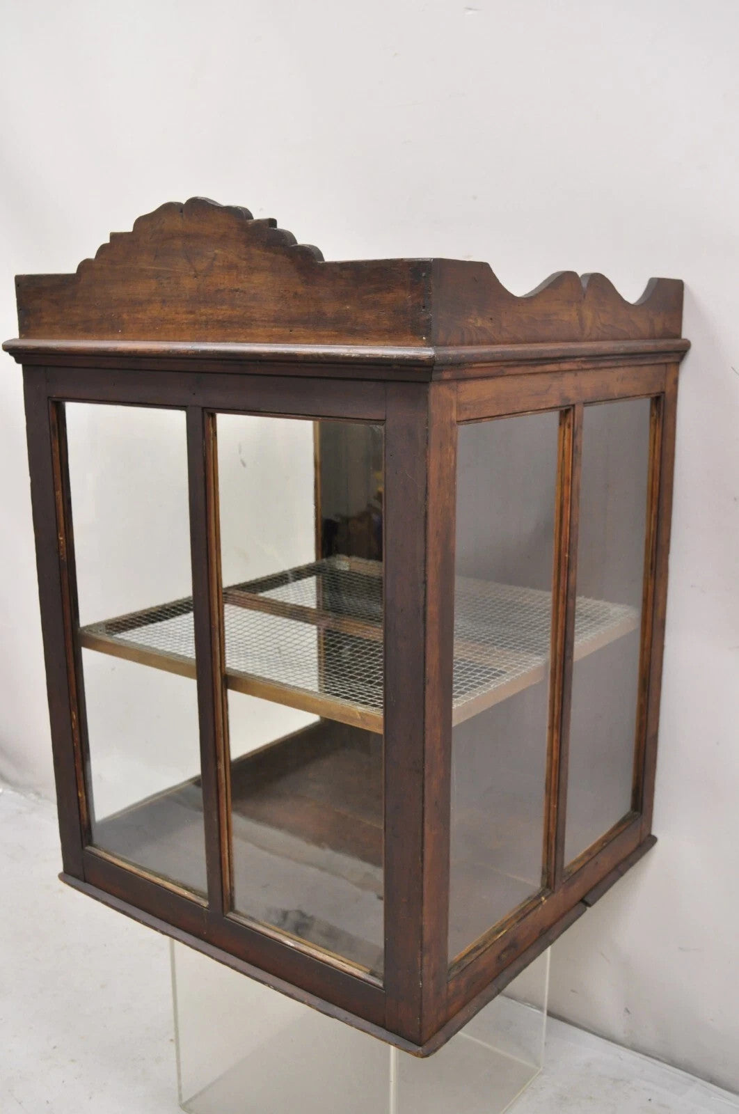 Antique Wood & Glass Counter Top Display County Store Pie Safe Retail Cabinet