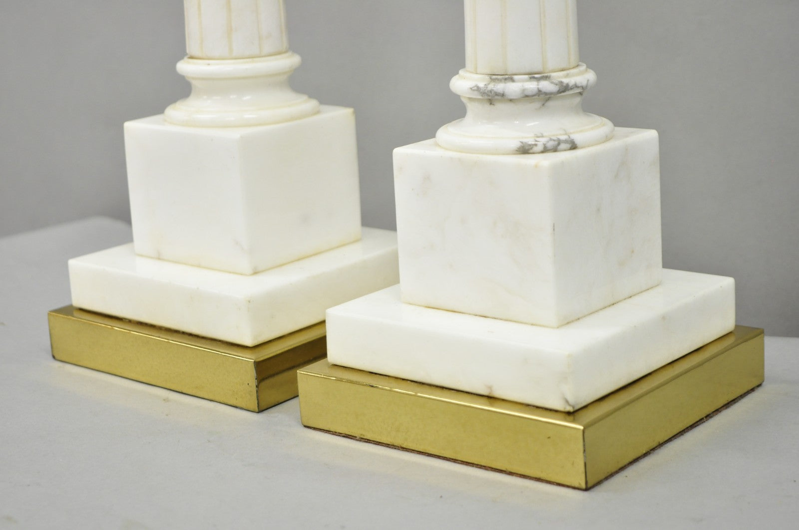 Vintage Italian Neoclassical White Carved Marble Empire Column Table Lamp Pair