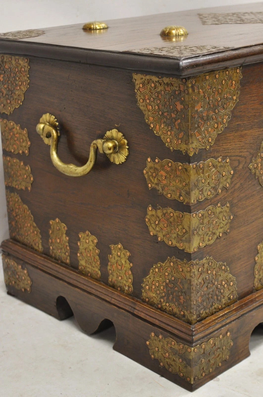Antique Anglo Indian Oak Wood & Brass Mounted Syrian Coffer Blanket Chest Trunk