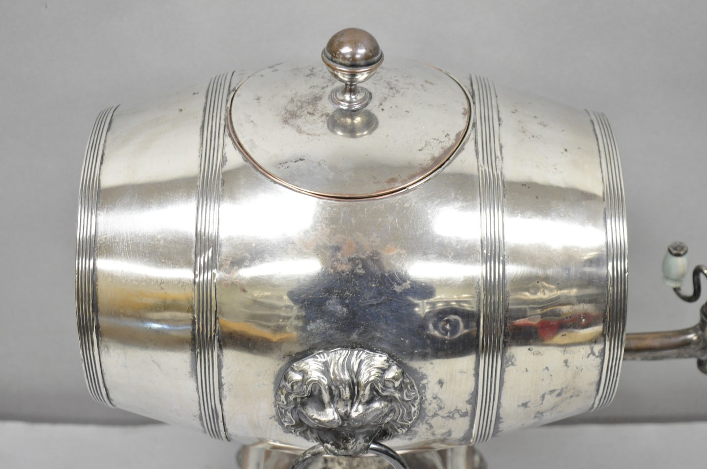 Antique English Regency Silver Plated "Whiskey Barrel" Samovar w/ Lions by B&W