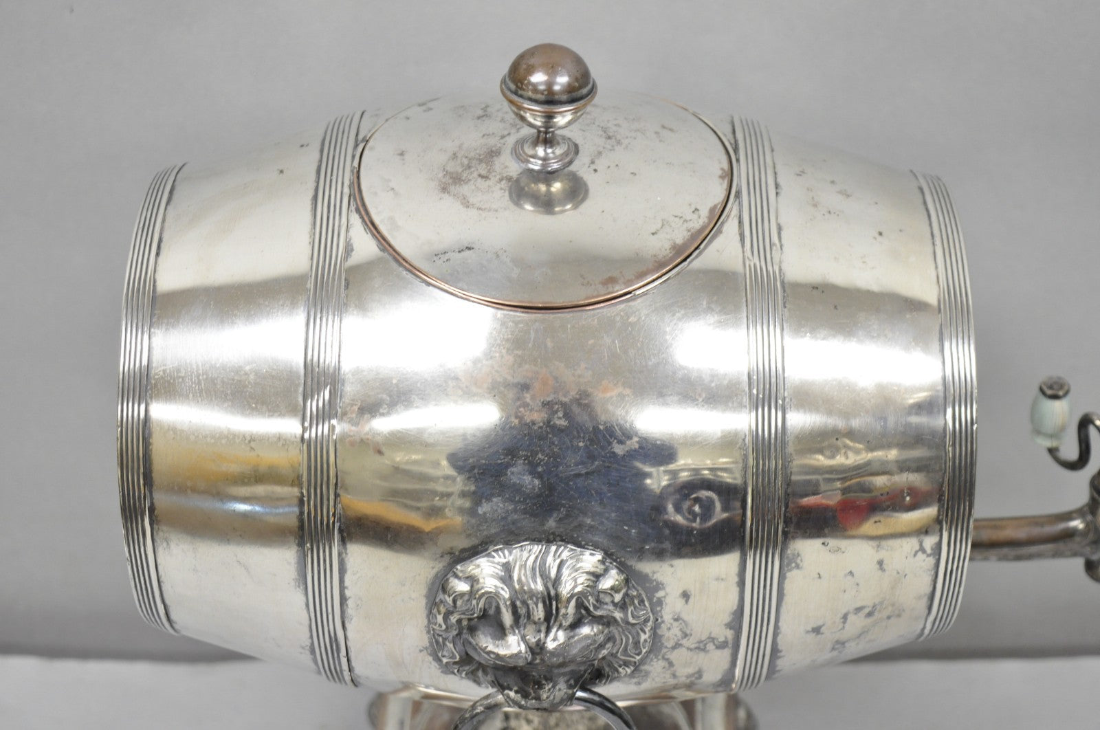 Antique English Regency Silver Plated "Whiskey Barrel" Samovar w/ Lions by B&W
