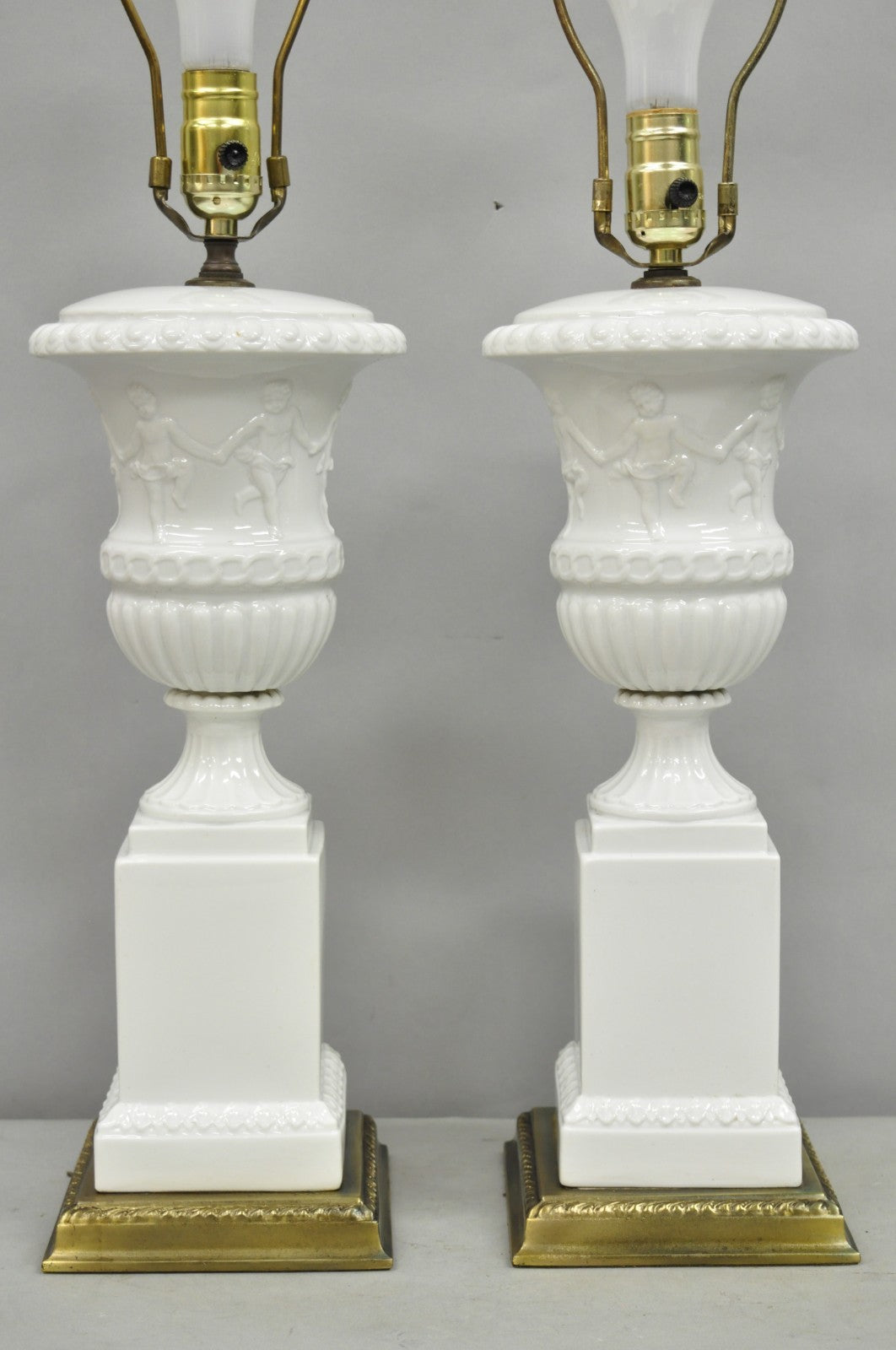 Vintage Italian Neoclassical White Porcelain Urn Table Lamps w/ Cherubs - a Pair