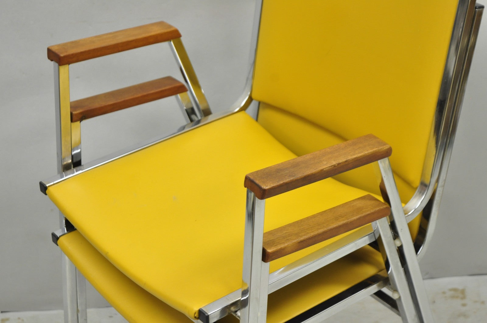 Vintage Nightingale Mid Century Modern Chrome & Yellow Vinyl Stacking Chair Pair