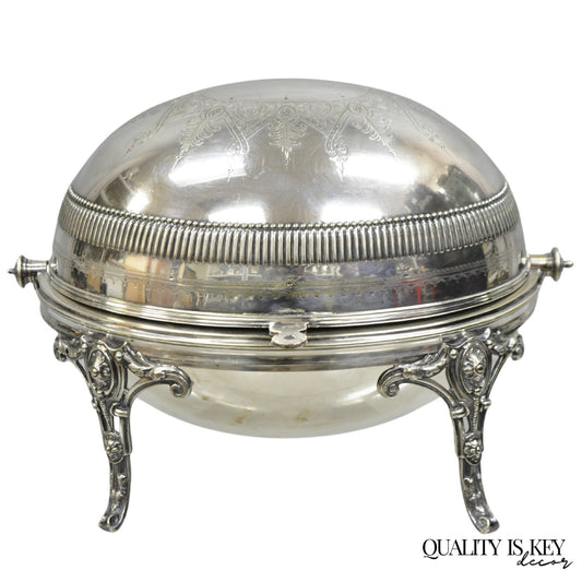 Antique English Edwardian Large Silver Plated Roll Top Warmer Chafing Dish