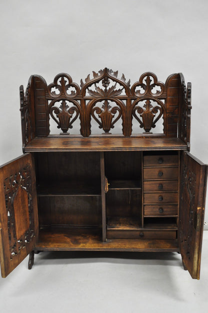Antique Gothic Arts & Crafts Black Forest Walnut Carved Small Wall Curio Cabinet