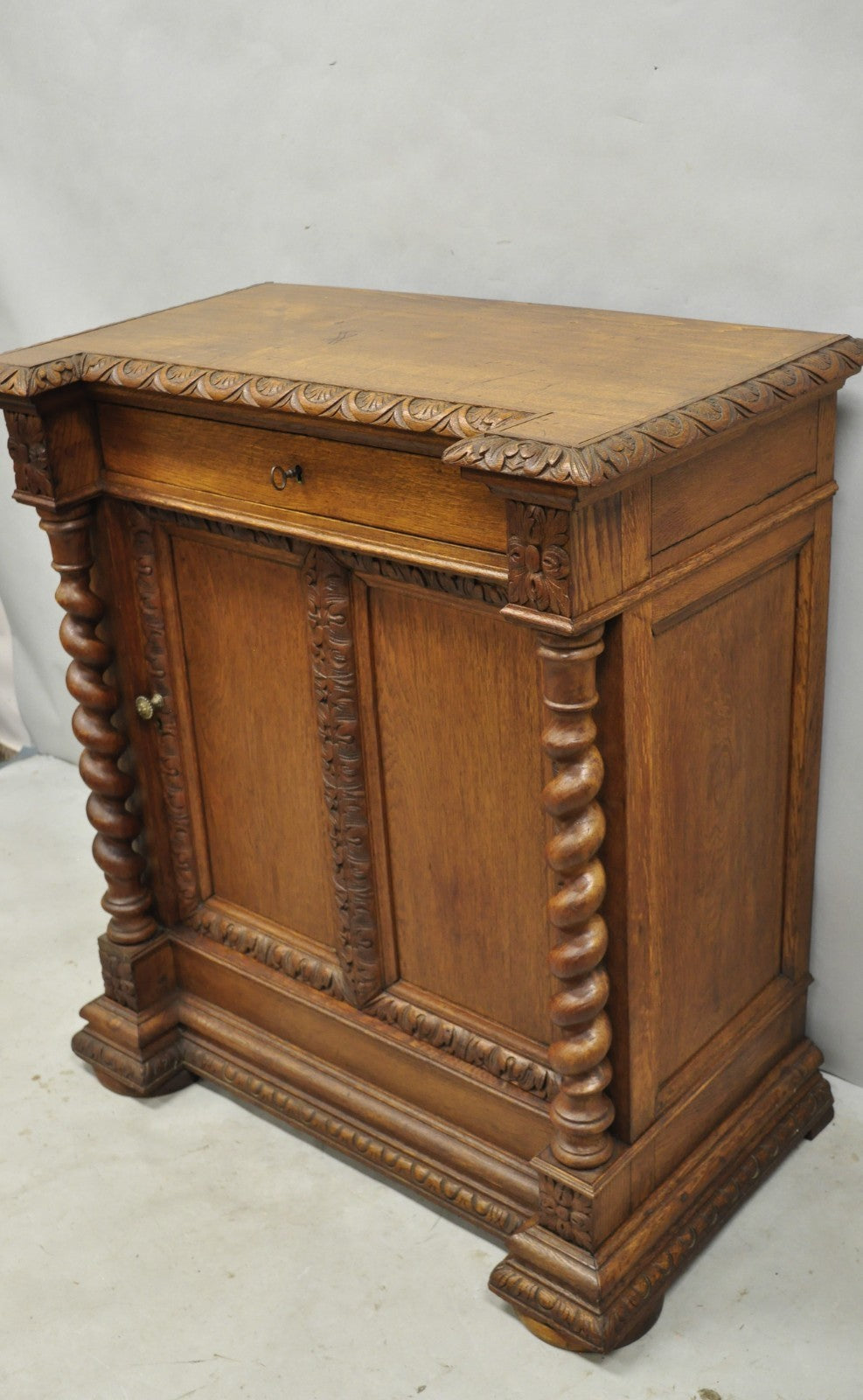 Antique Renaissance Revival Oak Wood Spiral Barley Twist Jelly Liquor Cabinet