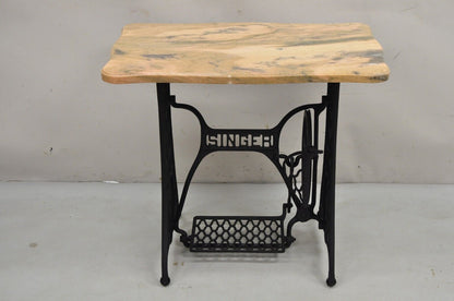 Antique Singer Cast Iron Treadle Sewing Machine Pink Marble Top Accent Table