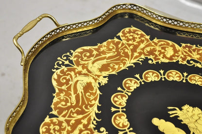 Vintage Italian Lacquered Wood & Brass Chariot Marquetry Inlay Bar Serving Tray