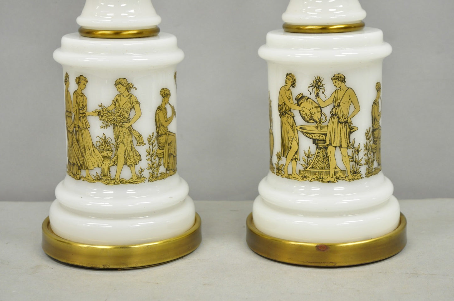 Vintage Italian Neoclassical White Milk Glass Empire Column Table Lamps - a Pair