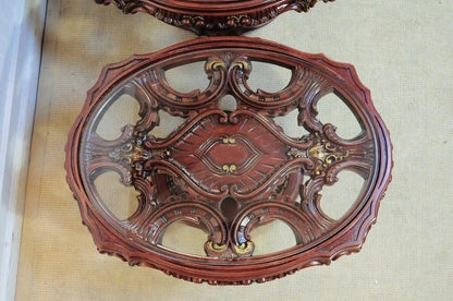 Vintage Mediterranean Style Carved Syroco Glass Top Round Low End Tables - Pair