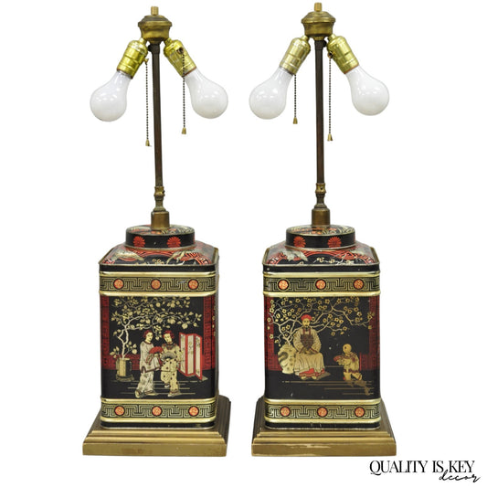 Vintage Chinoiserie Tole Metal Square English Tea Canister Table Lamps - a Pair