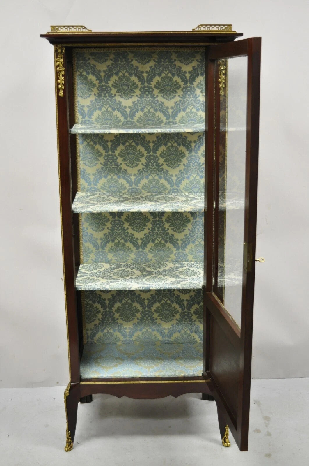 Antique French Louis XV Style Bronze Mount Hand Painted Curio Display Cabinet