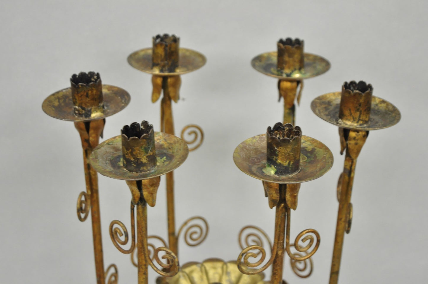 Vintage Italian Hollywood Regency Gold Gilt Iron Scrolling 6 Arm Candelabra