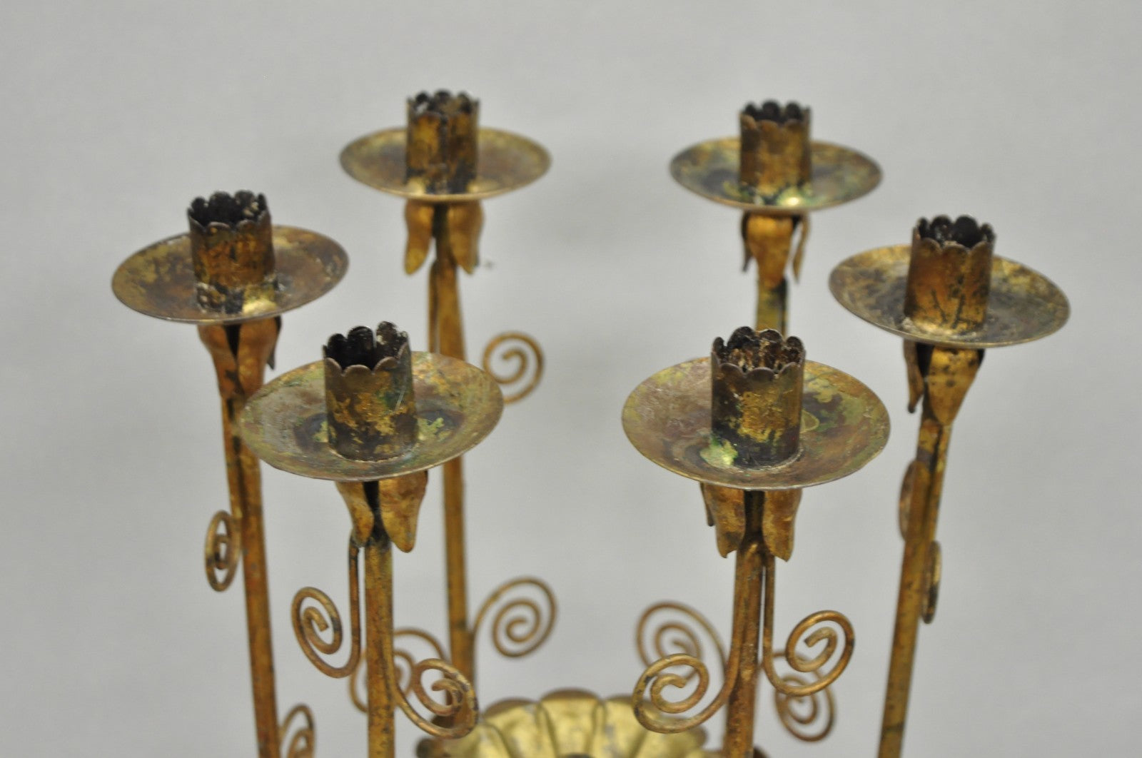 Vintage Italian Hollywood Regency Gold Gilt Iron Scrolling 6 Arm Candelabra