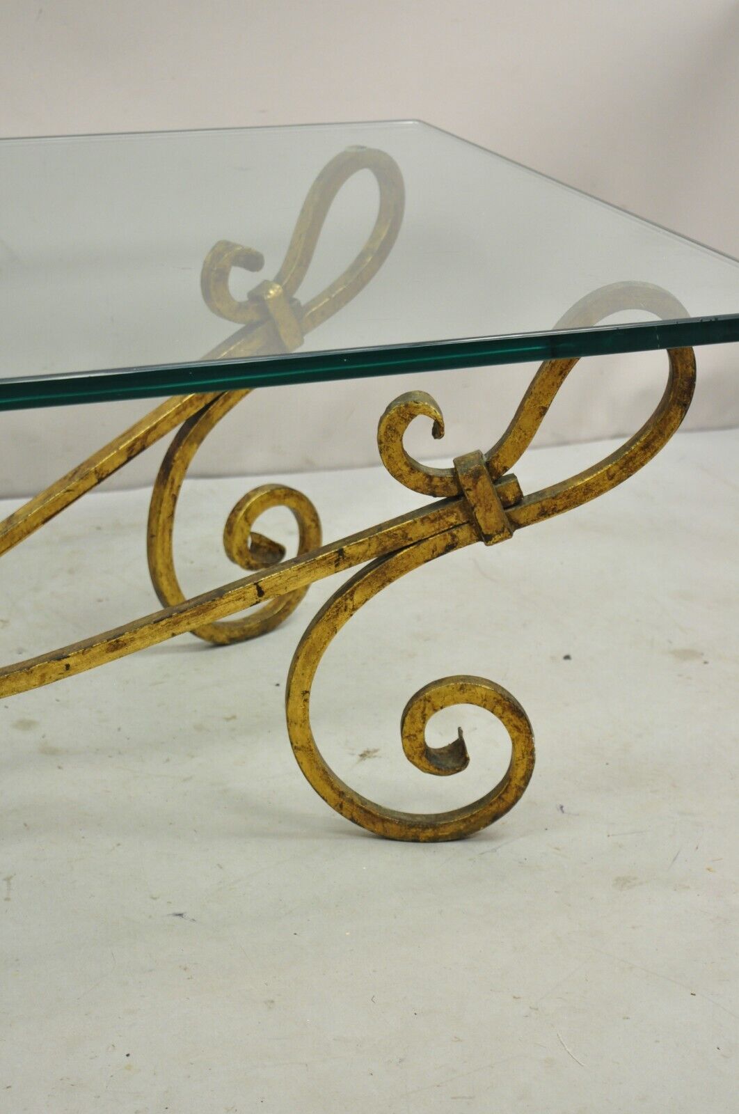 Vintage Italian Hollywood Regency Gold Gilt Iron Base Glass Top Coffee Table