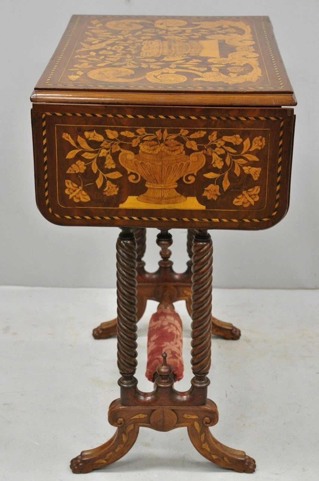 19th C Dutch Marquetry Inlay Regency Style Drop Leaf Sewing Stand Side End Table
