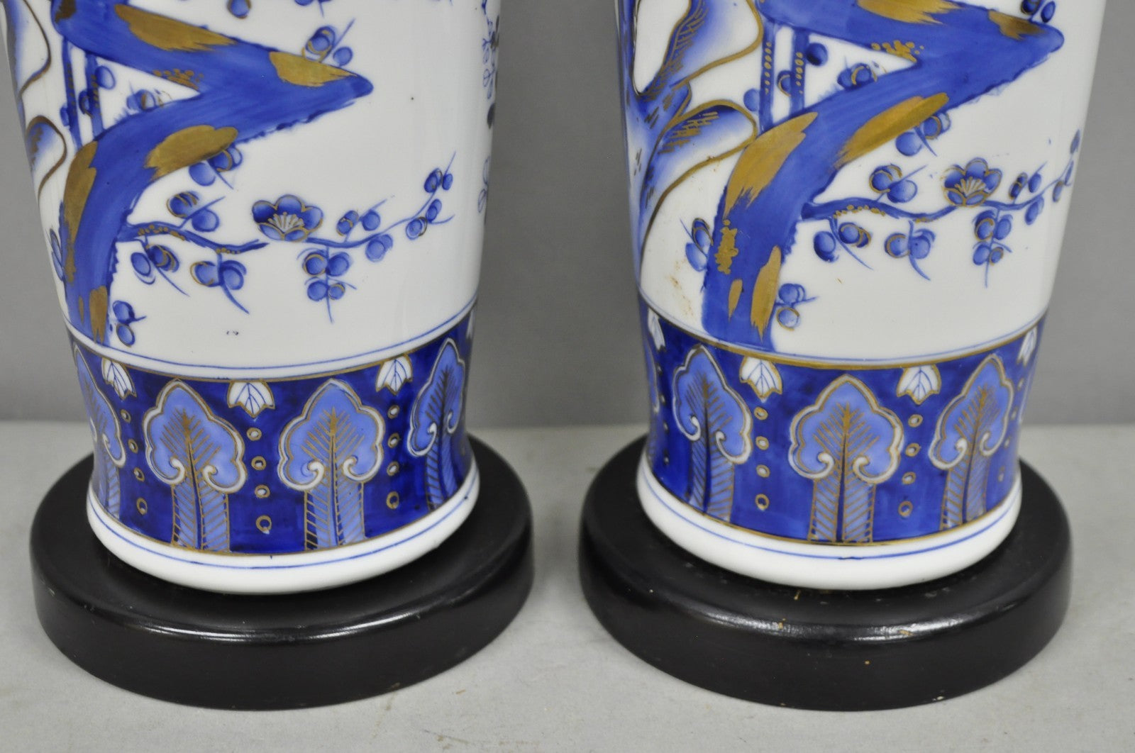 Vintage Chinoiserie Blue White Porcelain Bird & Plum Blossom Table Lamp - a Pair