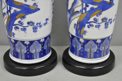 Vintage Chinoiserie Blue White Porcelain Bird & Plum Blossom Table Lamp - a Pair