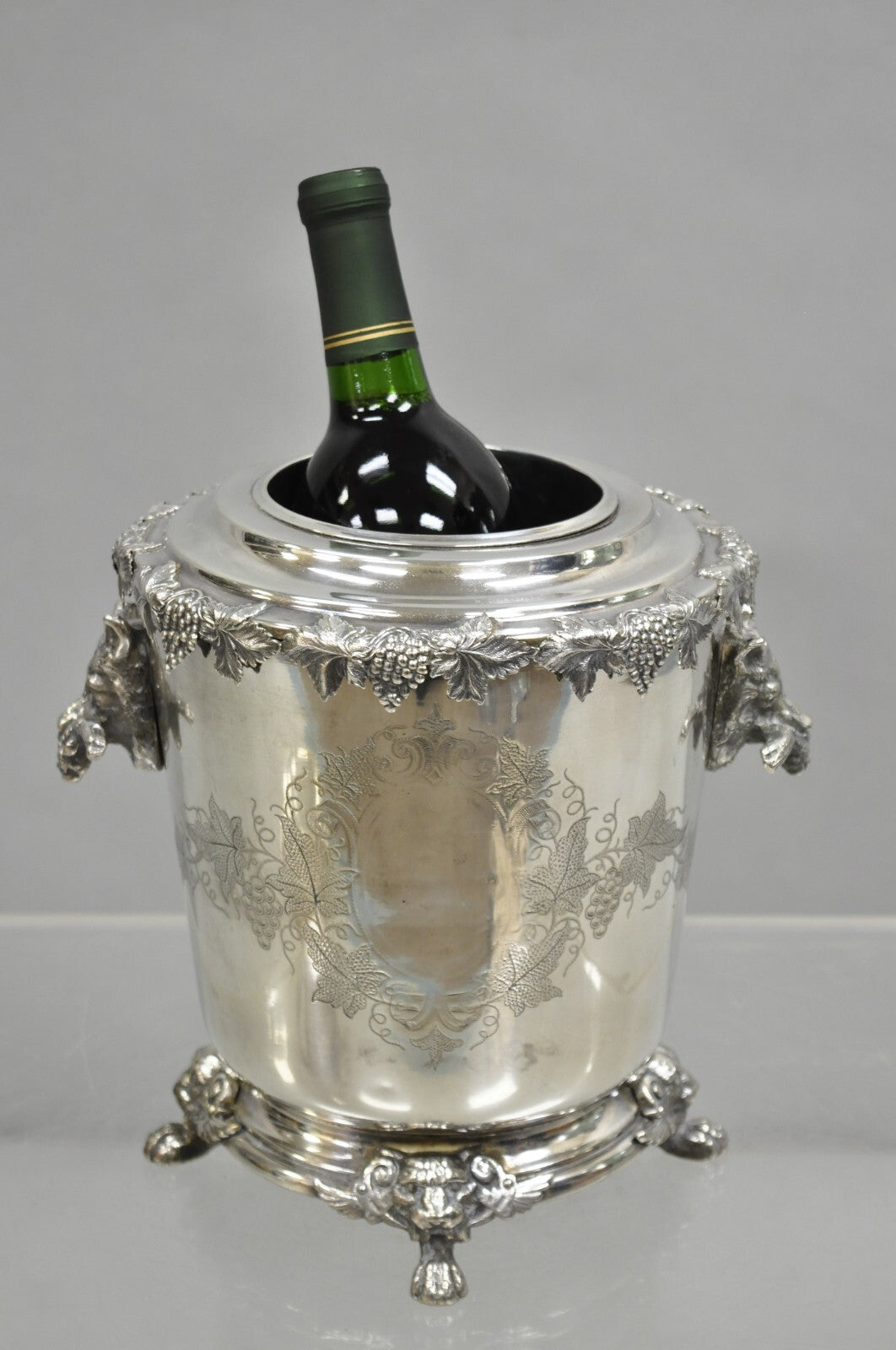 Antique English Victorian Wolf Handle Silver Plated Champagne Chiller Ice Bucket