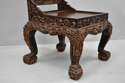 Vintage Chinoiserie Thai Oriental Carved Teak Wood Dining Side Chairs - a Pair